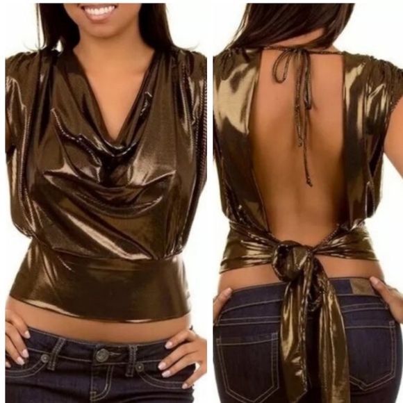 Gold Metallic Surplus Drape Cowl Neck Open Tie Back Cropped Halter Sleeveless - Picture 1 of 7